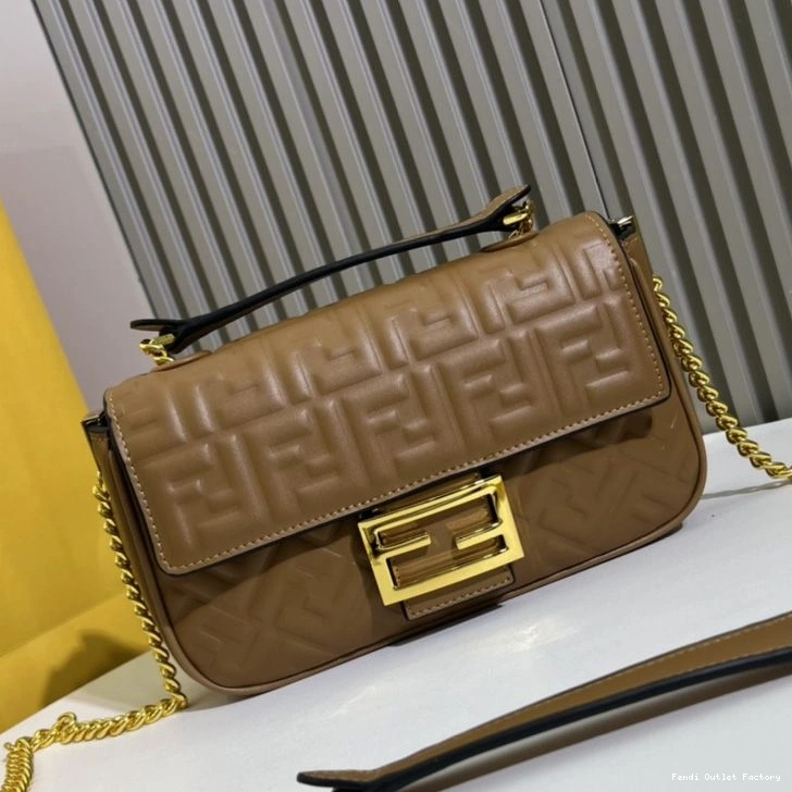 HOT FF Nappa Brown In Motif Fendi Leather Midi Chain Baguette Bag 0801
